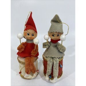 Vintage MCM  Japan Elf On Drum Christmas Ornament Red Felt Set (2)